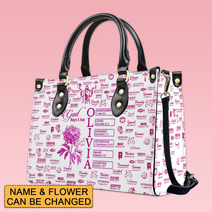Personalized Leather Tote Bag with Name & Birth Month Flower – Custom Christian Handbag