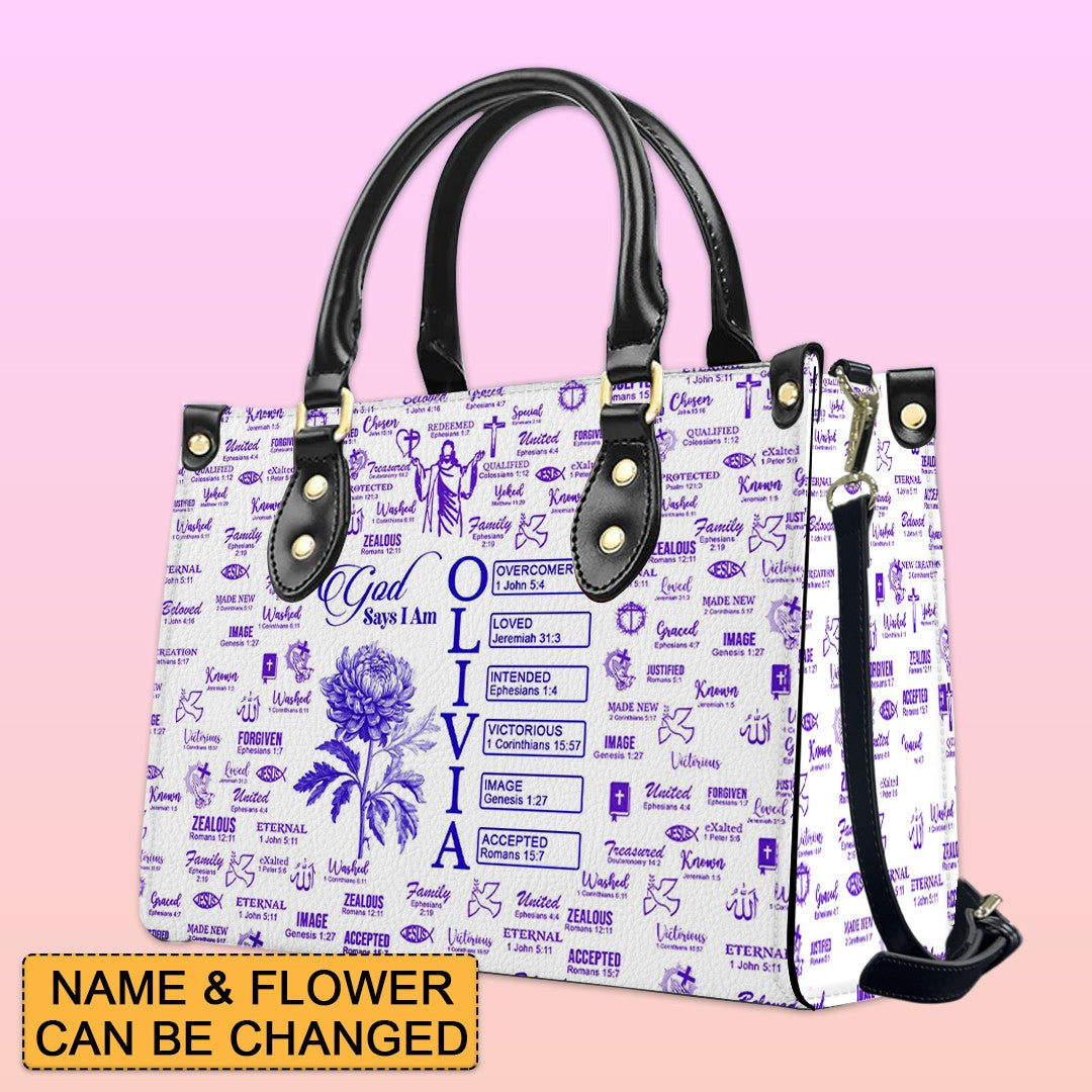 Personalized Leather Tote Bag with Name & Birth Month Flower – Custom Christian Handbag