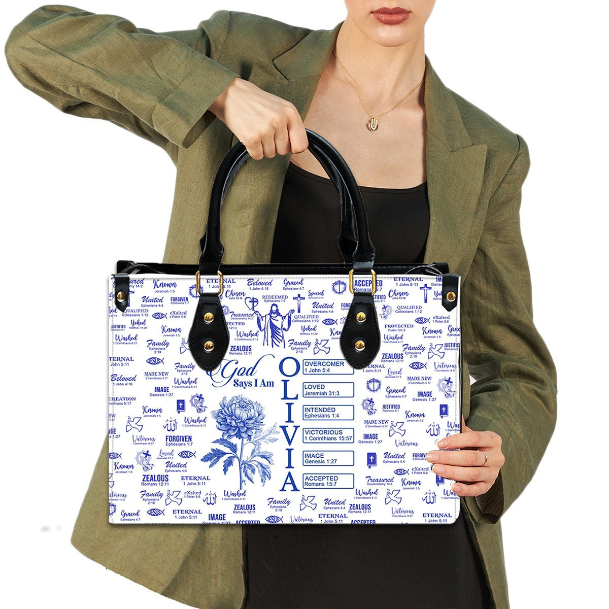 Personalized Leather Tote Bag with Name & Birth Month Flower – Custom Christian Handbag