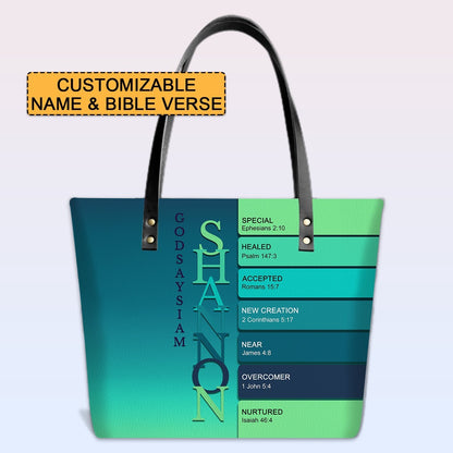 Personalized Leather Tote Bag with Bible Verses – Uncover the sacred meaning of your name – Custom Faith-Inspired Handbag Gradient Color | CHRISTIANARTBAG Leather TOTE Bag