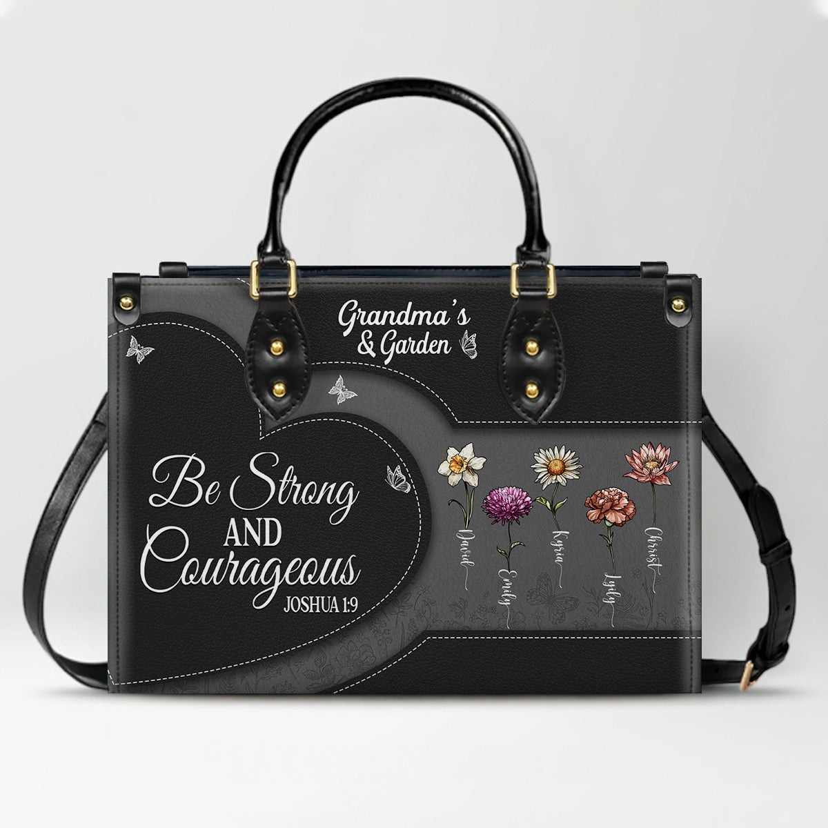 CHRISTIANARTBAG | Personalized Leather Handbag Tote | "Be Still & Know" Bible Verse Grandma's Garden | Custom Birth Month Flower Gift