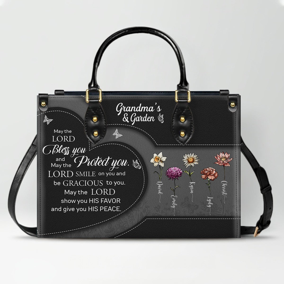 CHRISTIANARTBAG | Personalized Leather Handbag Tote | "Be Still & Know" Bible Verse Grandma's Garden | Custom Birth Month Flower Gift