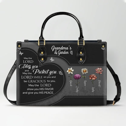 CHRISTIANARTBAG | Personalized Leather Handbag Tote | "Be Still & Know" Bible Verse Grandma's Garden | Custom Birth Month Flower Gift