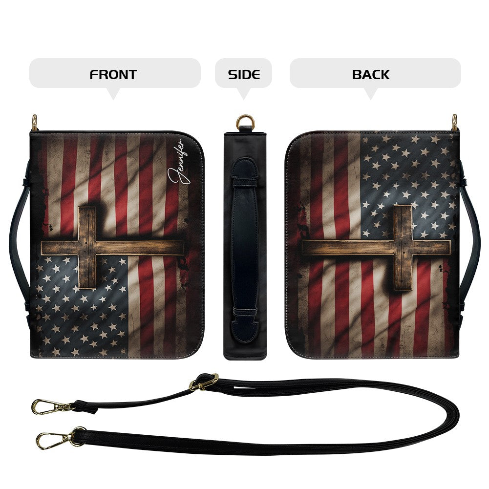 Patriotic American Flag & Cross Bible Cover – Custom Name Option | CHRISTIANARTBAG