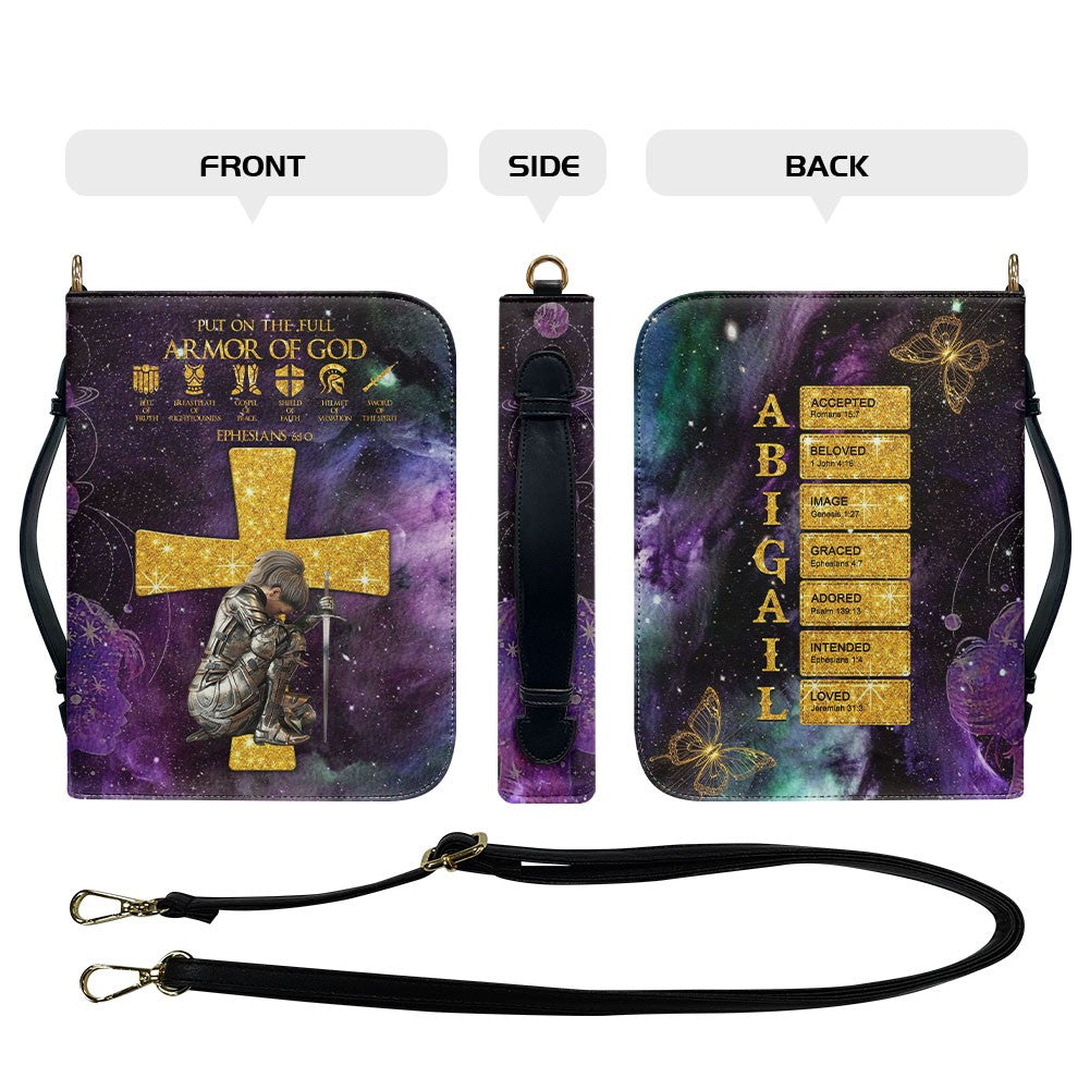 Personalized Leather Bible Cover – Custom Name & Armor of God Design with Scripture Letters