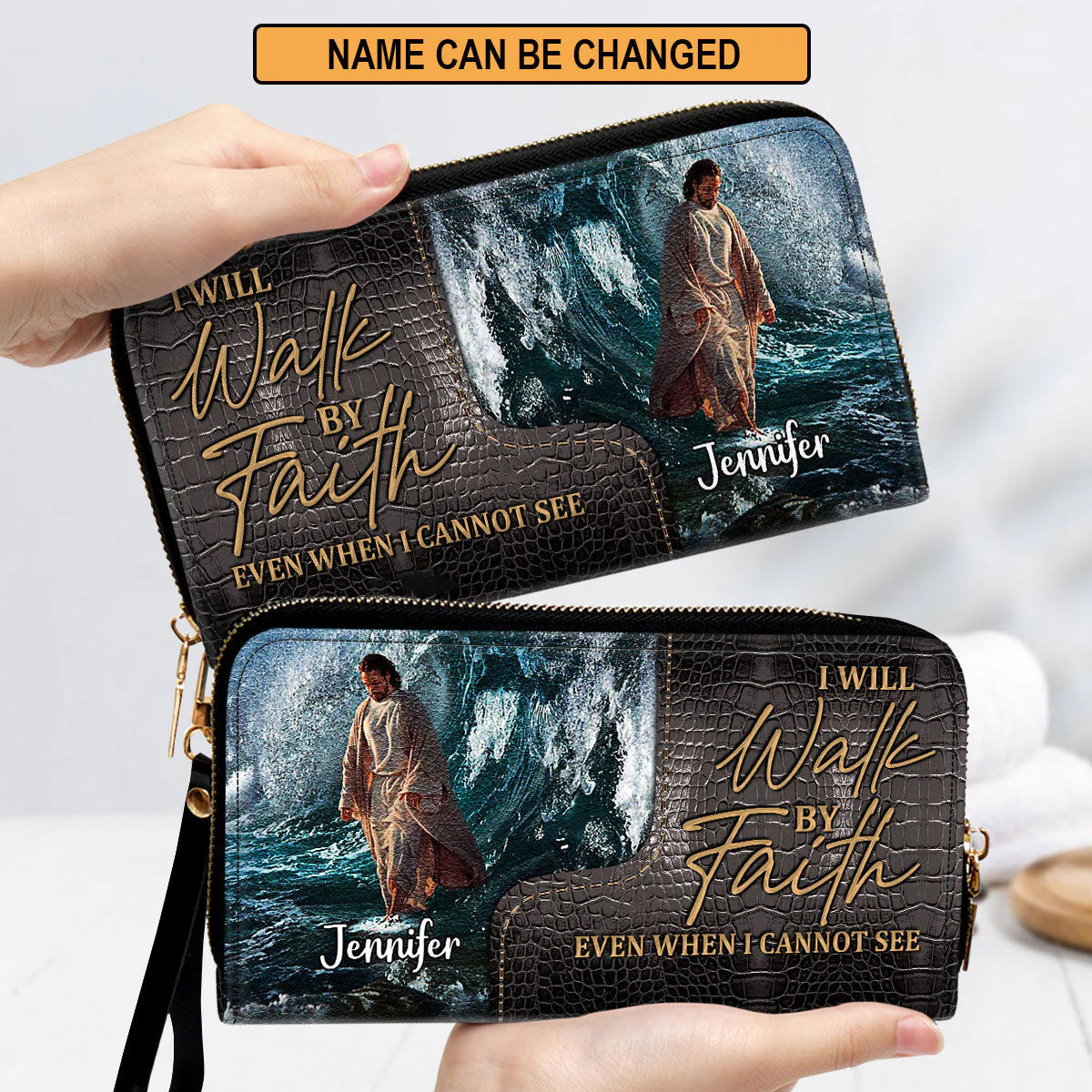 Christianartbag Clutch Purse, I Will Walk By Faith Even I Cannot See Clutch Purse For Women, Personalized Name, Christian Gifts For Women, CAB10091223. - Christian Art Bag