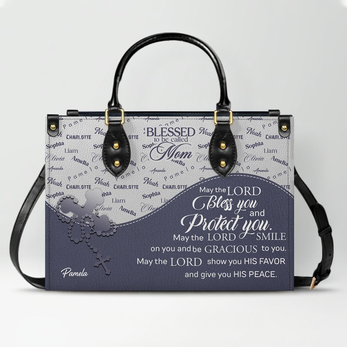 Personalized Leather Handbag – Blessed Grandma Purse with Grandkids' Names Background, Christian Bible Verse Bag, CHRISTIANARTBAG Gift for Women