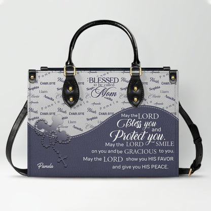 Personalized Leather Handbag – Blessed Grandma Purse with Grandkids' Names Background, Christian Bible Verse Bag, CHRISTIANARTBAG Gift for Women
