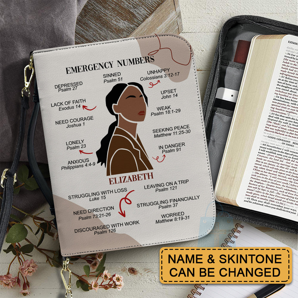 CHRISTIANARTBAG Bible Cover – "Emergency Numbers" Scripture Guide Design with Customizable Name, Skin Tone, and Hair Color | Spiritual Comfort and Guidance for Life's Challenges - CAB0130924