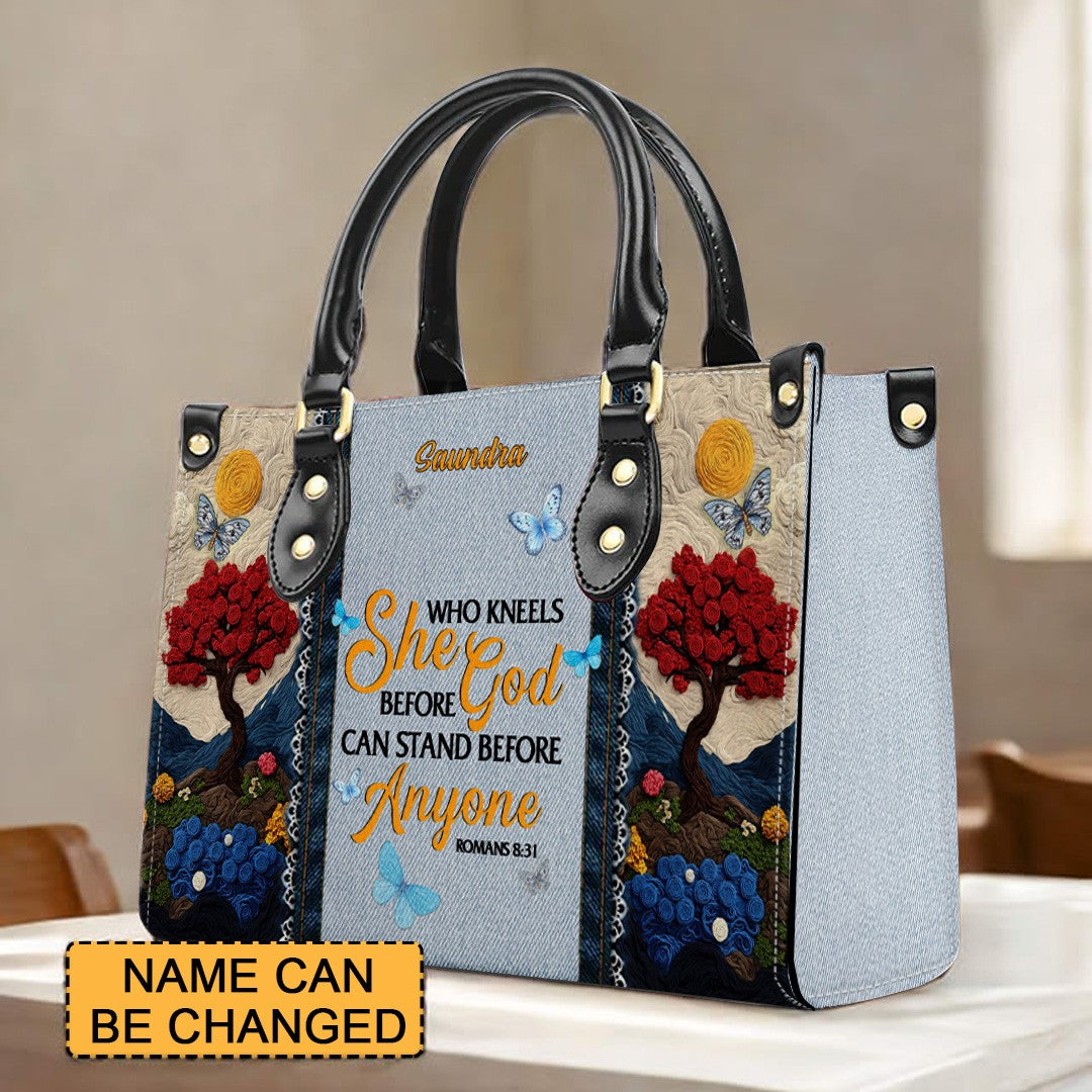 Christianartbag Handbags, She Who Kneels Before God Romans 8 31, Embroidered Handbag Design, Monogram Leather Handbag, Gifts for Women, CABLTB014825