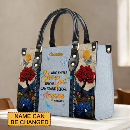 Christianartbag Handbags, She Who Kneels Before God Romans 8 31, Embroidered Handbag Design, Monogram Leather Handbag, Gifts for Women, CABLTB014825