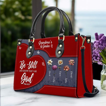 CHRISTIANARTBAG | Personalized Leather Handbag Tote | "Be Still & Know" Bible Verse Grandma's Garden | Custom Birth Month Flower Gift