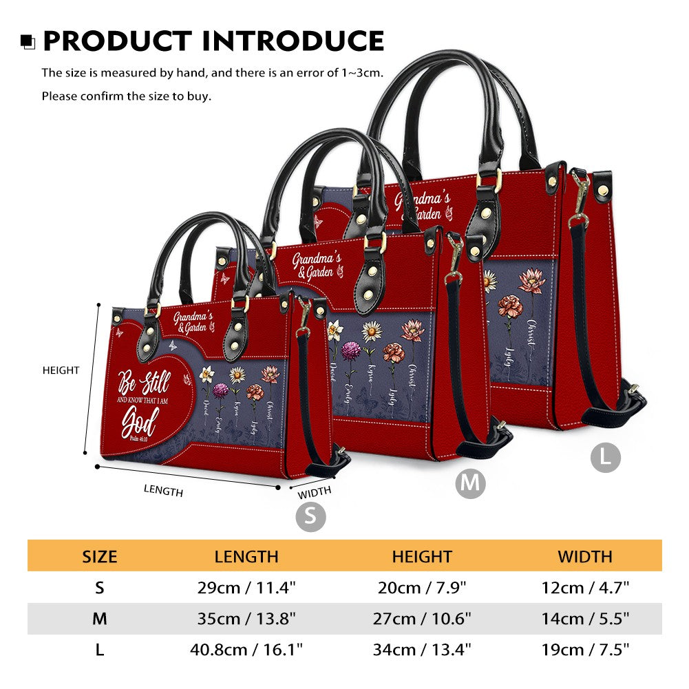 CHRISTIANARTBAG | Personalized Leather Handbag Tote | "Be Still & Know" Bible Verse Grandma's Garden | Custom Birth Month Flower Gift