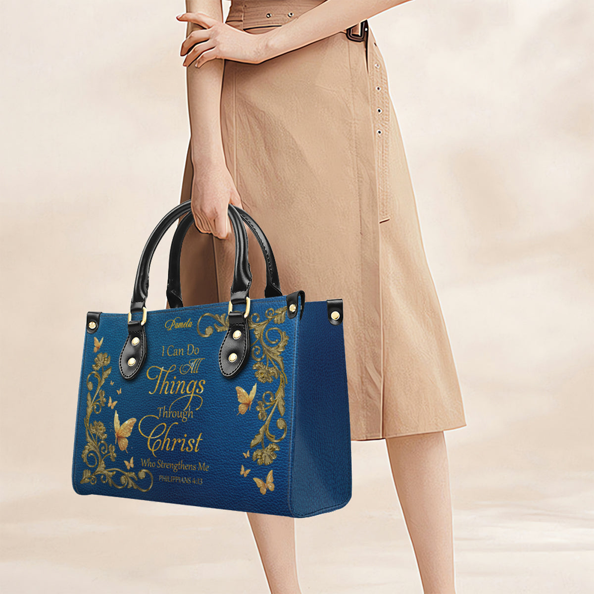 Personalized Christian Leather Handbag – Gold Navy Bible Verse Tote for Women | CHRISTIANARTBAG CAB01122525