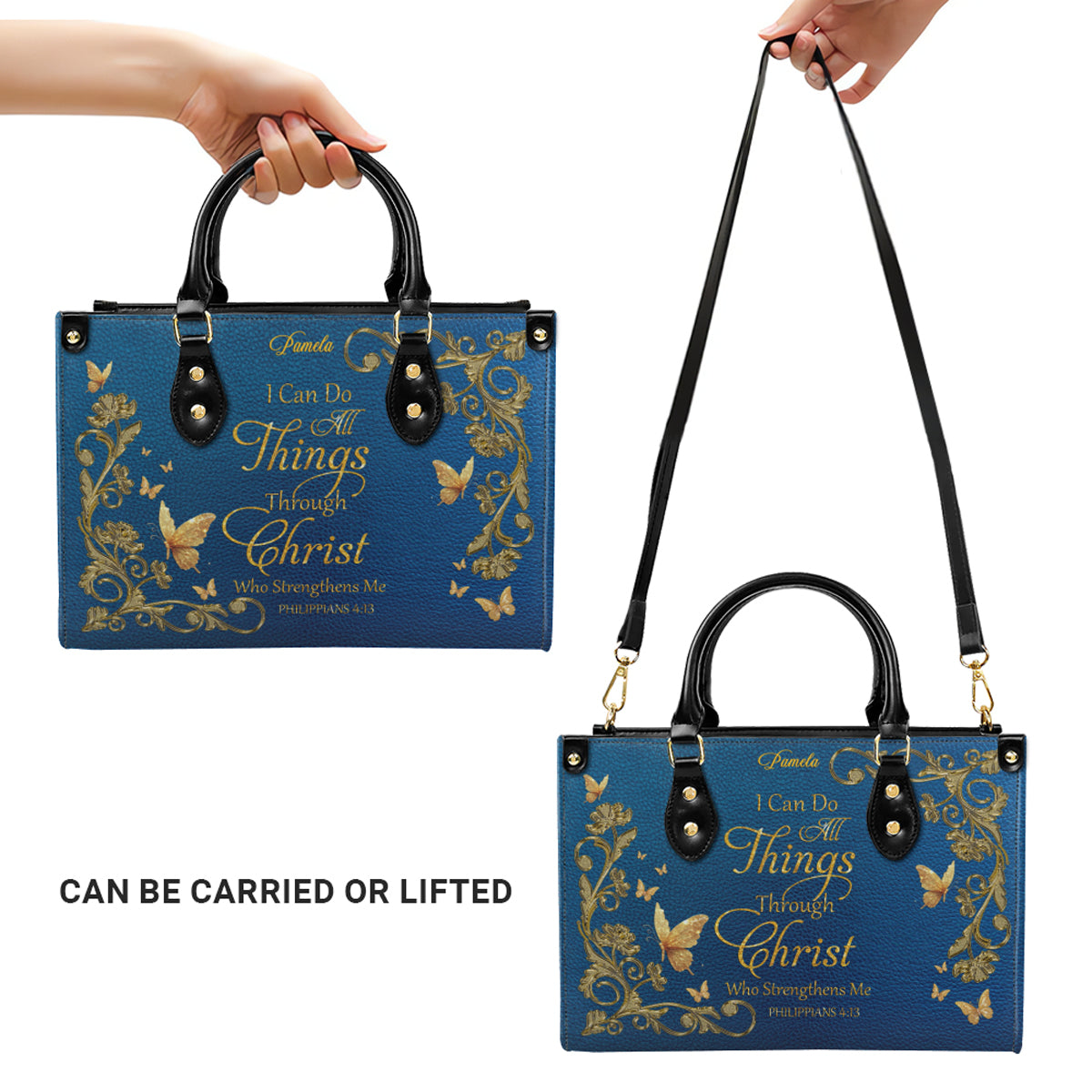 Personalized Christian Leather Handbag – Gold Navy Bible Verse Tote for Women | CHRISTIANARTBAG CAB01122525