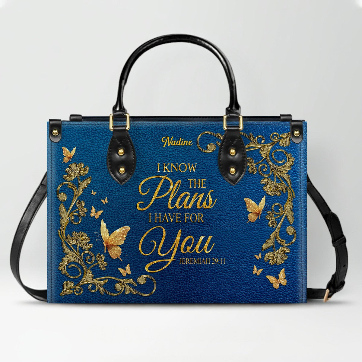 Personalized Christian Leather Handbag – Gold Navy Bible Verse Tote for Women | CHRISTIANARTBAG CAB01122525