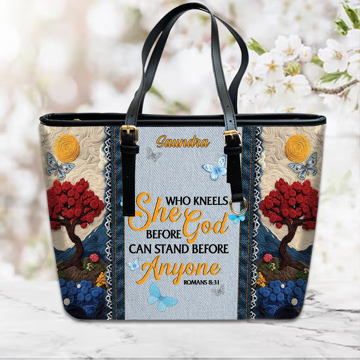 Christianartbag Handbags, She Who Kneels Before God Romans 8 31, Embroidered Handbag Design, Monogram Leather Handbag, Gifts for Women, CABLTB014825