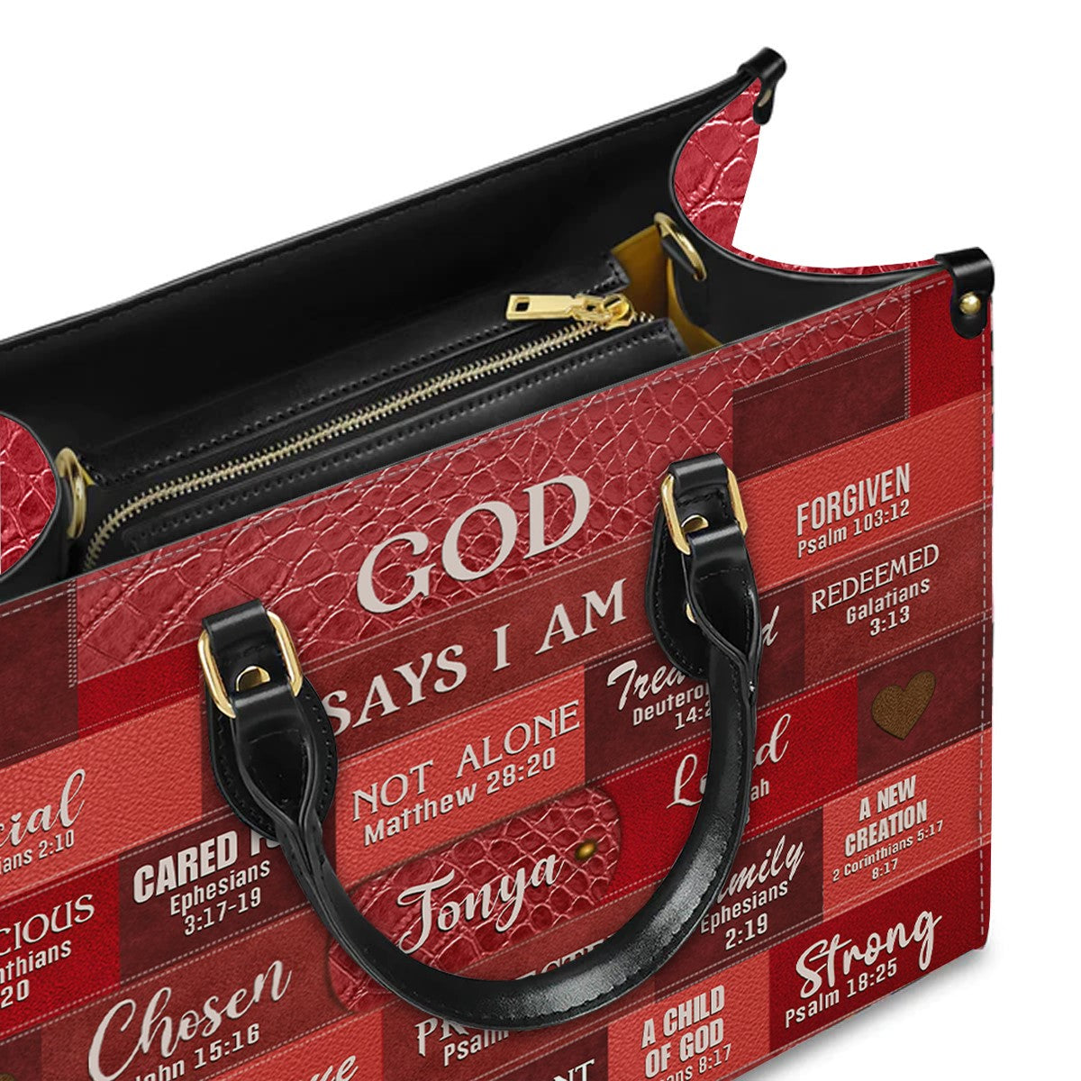 Inspirational Scripture Leather Handbag - Custom Name CHRISTIANARTBAG Tote - GOD Says I Am Red Leather Handbag.