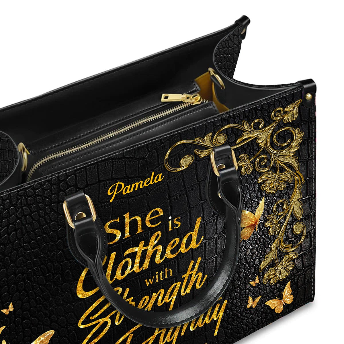 Personalized Leather Handbag – Blessed Mom – She is clothed with strength and dignity – Proverbs 31:25 | CHRISTIANARTBAG