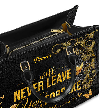 Personalized Leather Handbag – Alone but Not Lonely – I will never leave you nor forsake you – Hebrews 13:5 | CHRISTIANARTBAG
