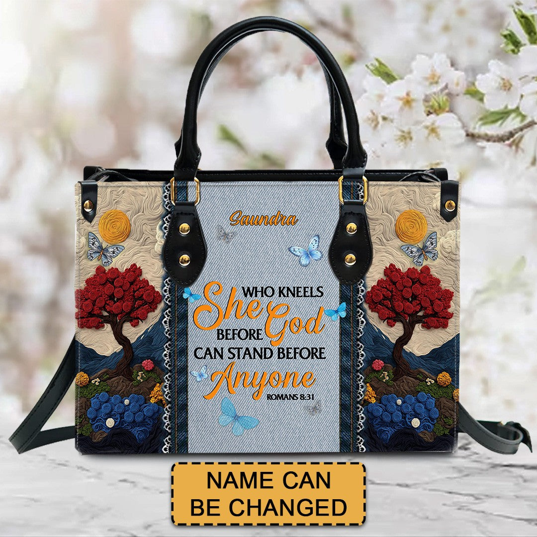 Christianartbag Handbags, She Who Kneels Before God Romans 8 31, Embroidered Handbag Design, Monogram Leather Handbag, Gifts for Women, CABLTB014825