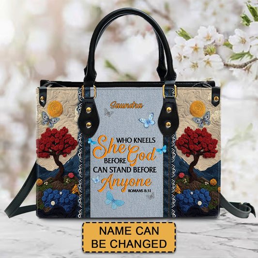 Christianartbag Handbags, She Who Kneels Before God Romans 8 31, Embroidered Handbag Design, Monogram Leather Handbag, Gifts for Women, CABLTB014825