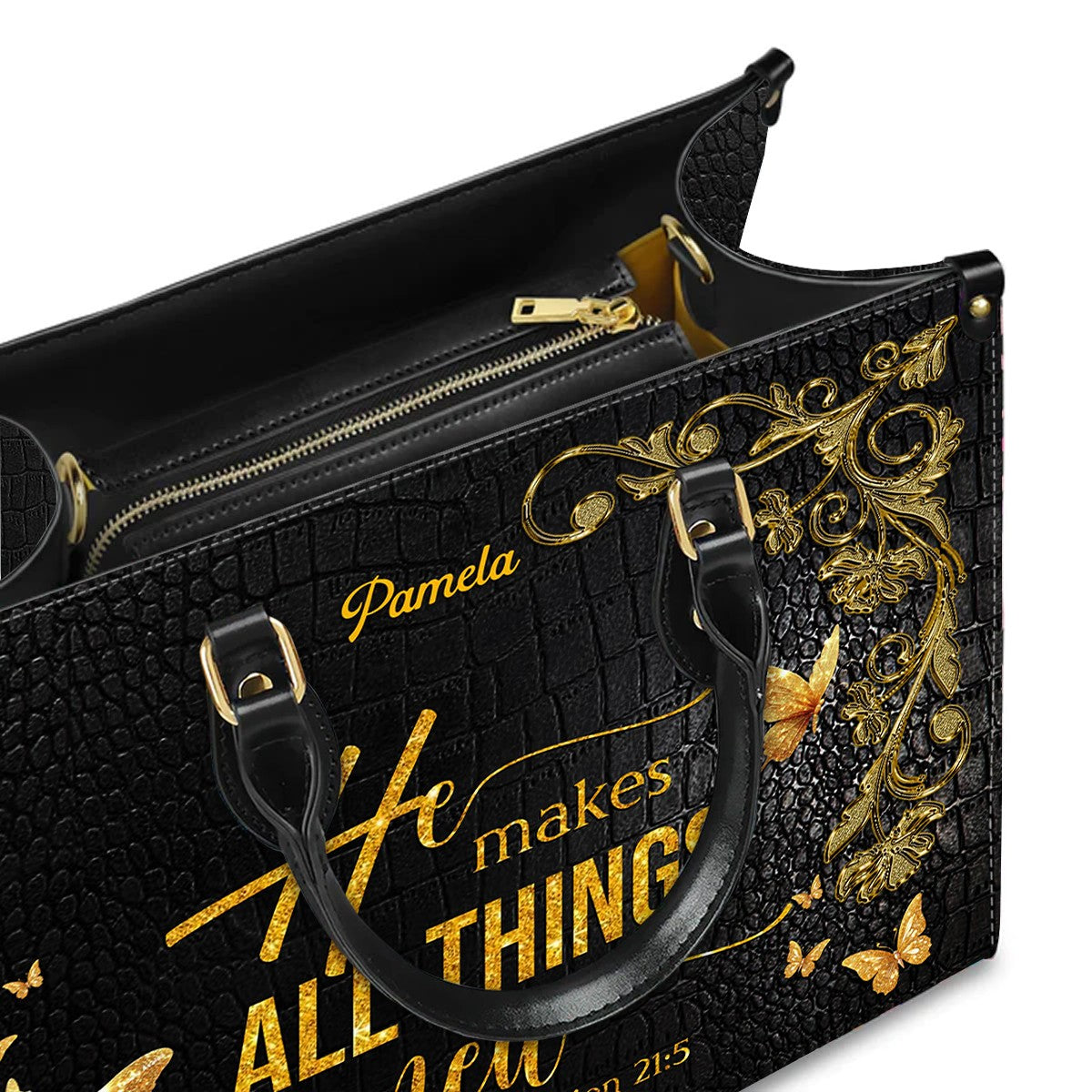 Personalized Leather Handbag – Redeemed in Grace – He makes all things new – Revelation 21:5 | CHRISTIANARTBAG
