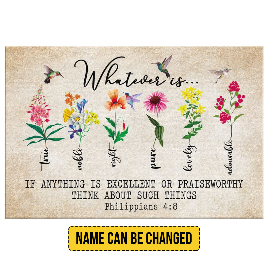 Blossoming Faith - Personalized Philippians 4:8 Floral & Hummingbird Canvas Wall Art by CHRISTIANARTBAG