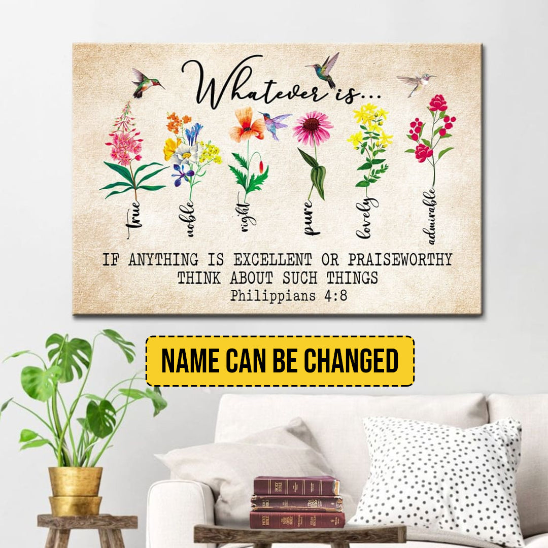 Blossoming Faith - Personalized Philippians 4:8 Floral & Hummingbird Canvas Wall Art by CHRISTIANARTBAG