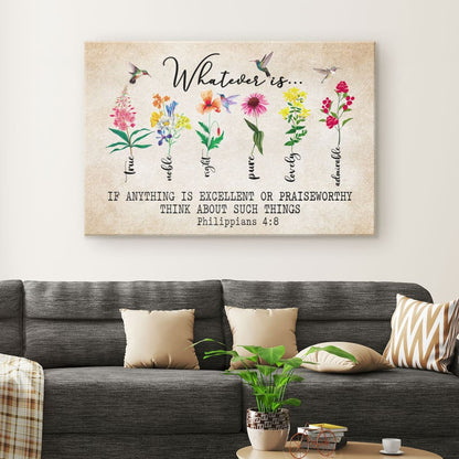 Blossoming Faith - Personalized Philippians 4:8 Floral & Hummingbird Canvas Wall Art by CHRISTIANARTBAG