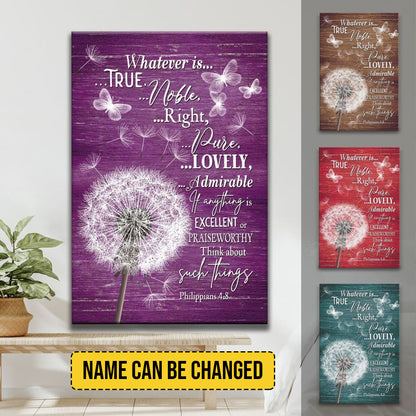 Custom Philippians 4:8 Dandelion Canvas Wall Art - Inspiring Butterfly Series Decor