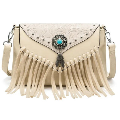 Christianartbag Handmade Leather Bag, Design Shoulder Bags For Women Vintage Messenger Rivet Tassel Designer Luxury Bags Ethnic Clutch Western Handbag, CABHMB03141023 - Christian Art Bag