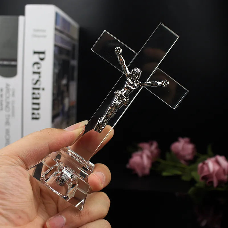 Christianartbag Home Decor, Christian Gifts Nightlight Crystal Jesus Cross Statue Religious Style Crystal Cross Church Decoration Home Decor Craft Ornament - Christian Art Bag