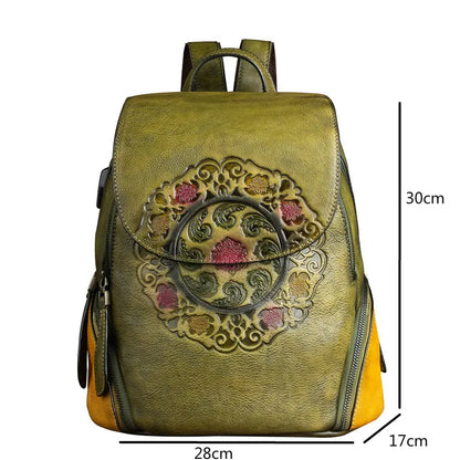 Christianartbag Handmade Leather Bag, Backpack Retro Genuine Leather Backpacks For Women New Handmade Embossed Vintage Bag China Style Backpack Ladies, CABHMB04161023 - Christian Art Bag