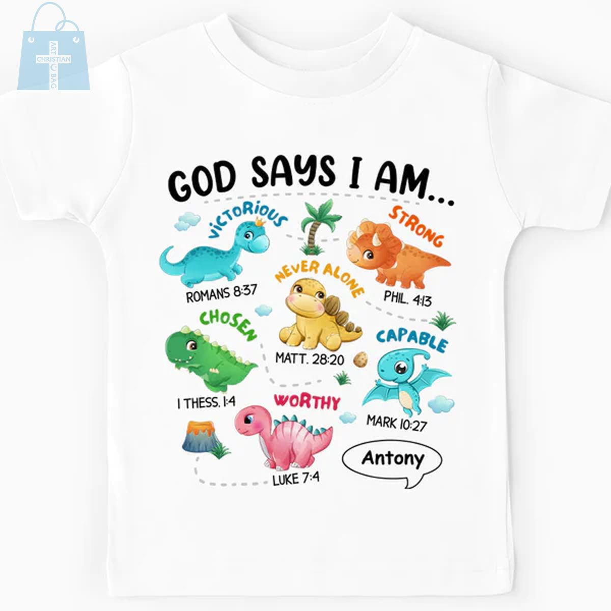 Christianartbag T-shirt, Dinosaur God Say I Am Kid T-Shirt, Children's Printed T-Shirts, CABTK01090923. - Christian Art Bag