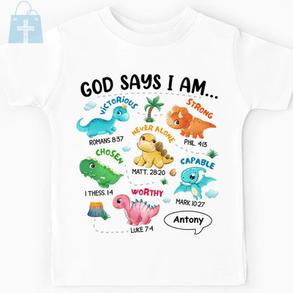 Christianartbag T-shirt, Dinosaur God Say I Am Kid T-Shirt, Children's Printed T-Shirts, CABTK01090923. - Christian Art Bag