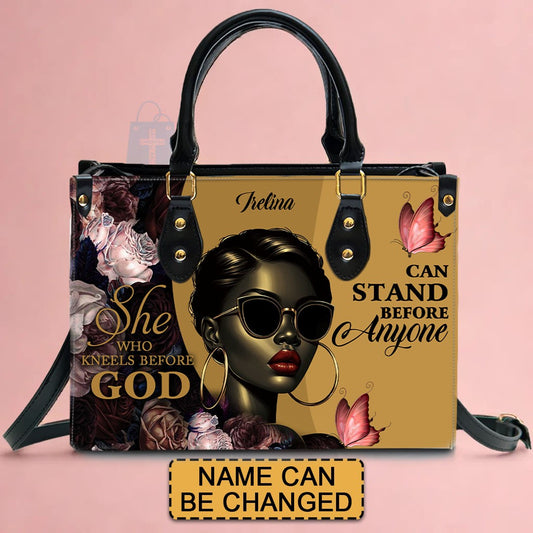 She Who Kneels Before GOD Can Stand Before Anyone, Personalized 'Irelina' Empowerment Leather Handbag - Stand Boldly | CHRISTIANARTBAG Custom Tote