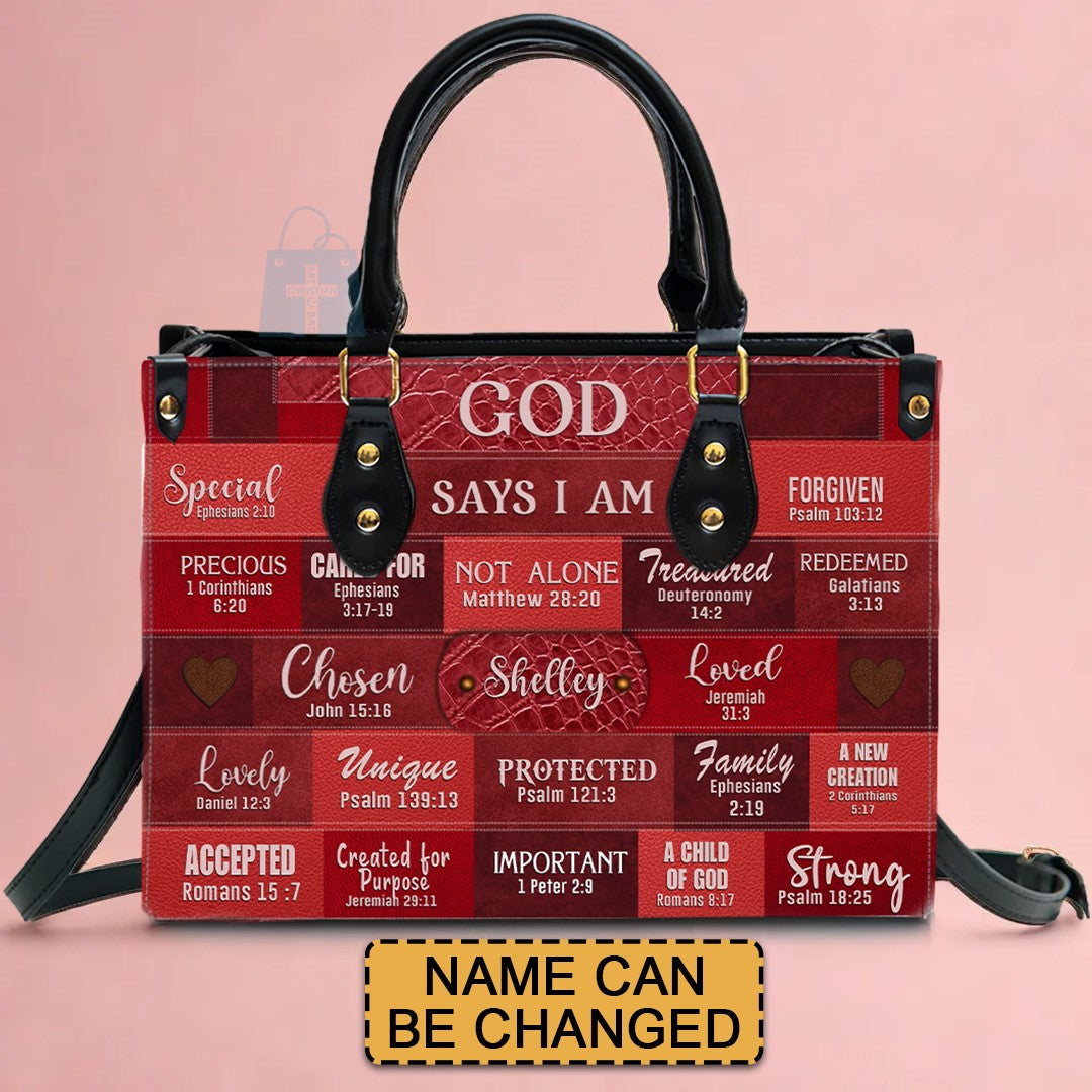 Inspirational Scripture Leather Handbag - Custom Name CHRISTIANARTBAG Tote - GOD Says I Am Red Leather Handbag.