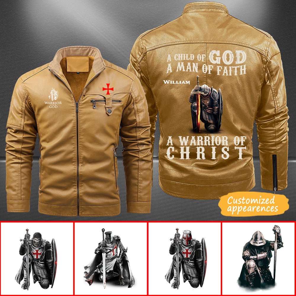 Christianartbag Leather Jacket, A Child Of God, A Man Of Fath, A Warrior Of Christ Personalized Leather Jacket, Warm Jacket, Winter Outer Wear, Gift for Him, CABJKL01061123. - Christian Art Bag