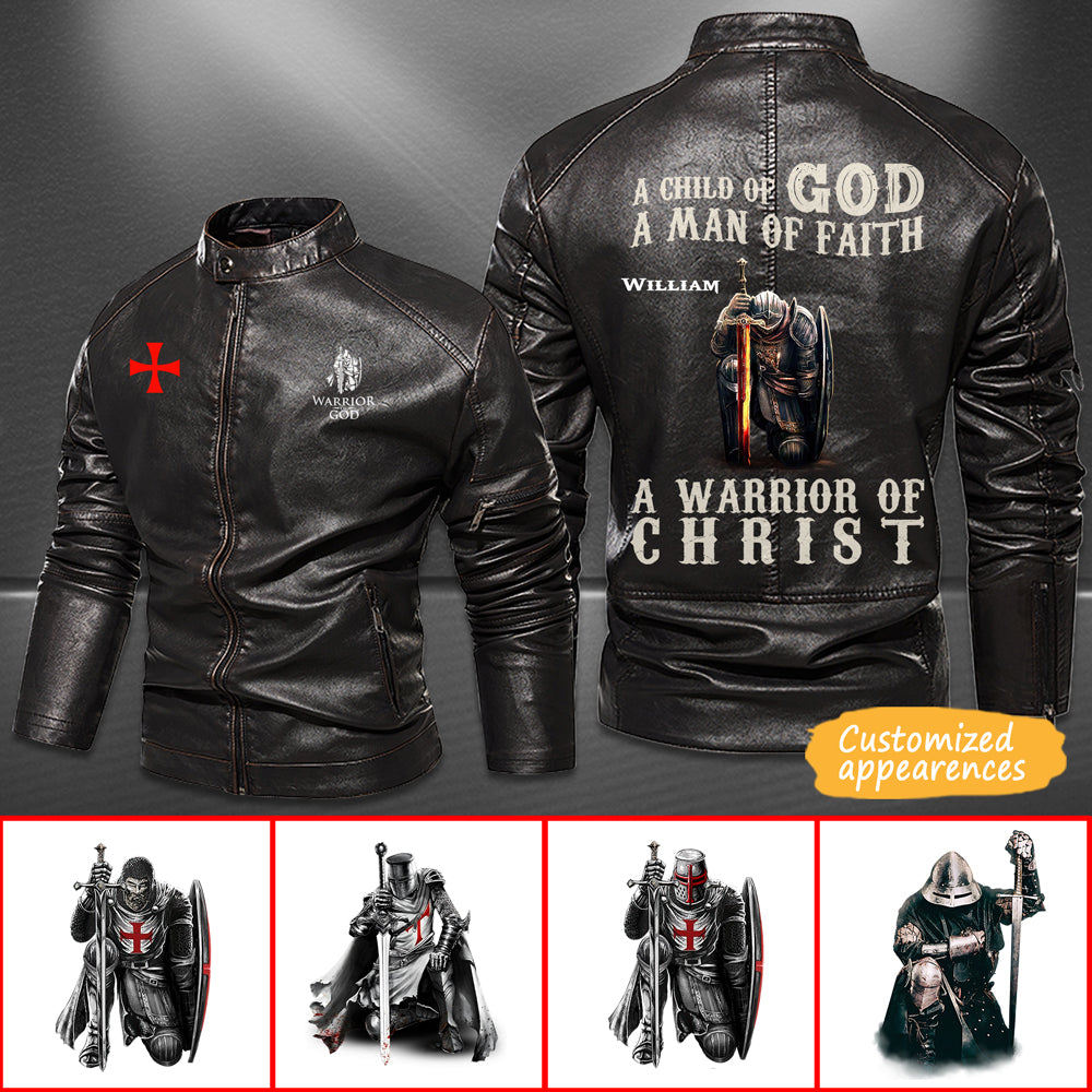 Christianartbag Leather Jacket, A Child Of God, A Man Of Fath, A Warrior Of Christ Personalized Leather Jacket, Warm Jacket, Winter Outer Wear, Gift for Him, CABJKL01061123. - Christian Art Bag