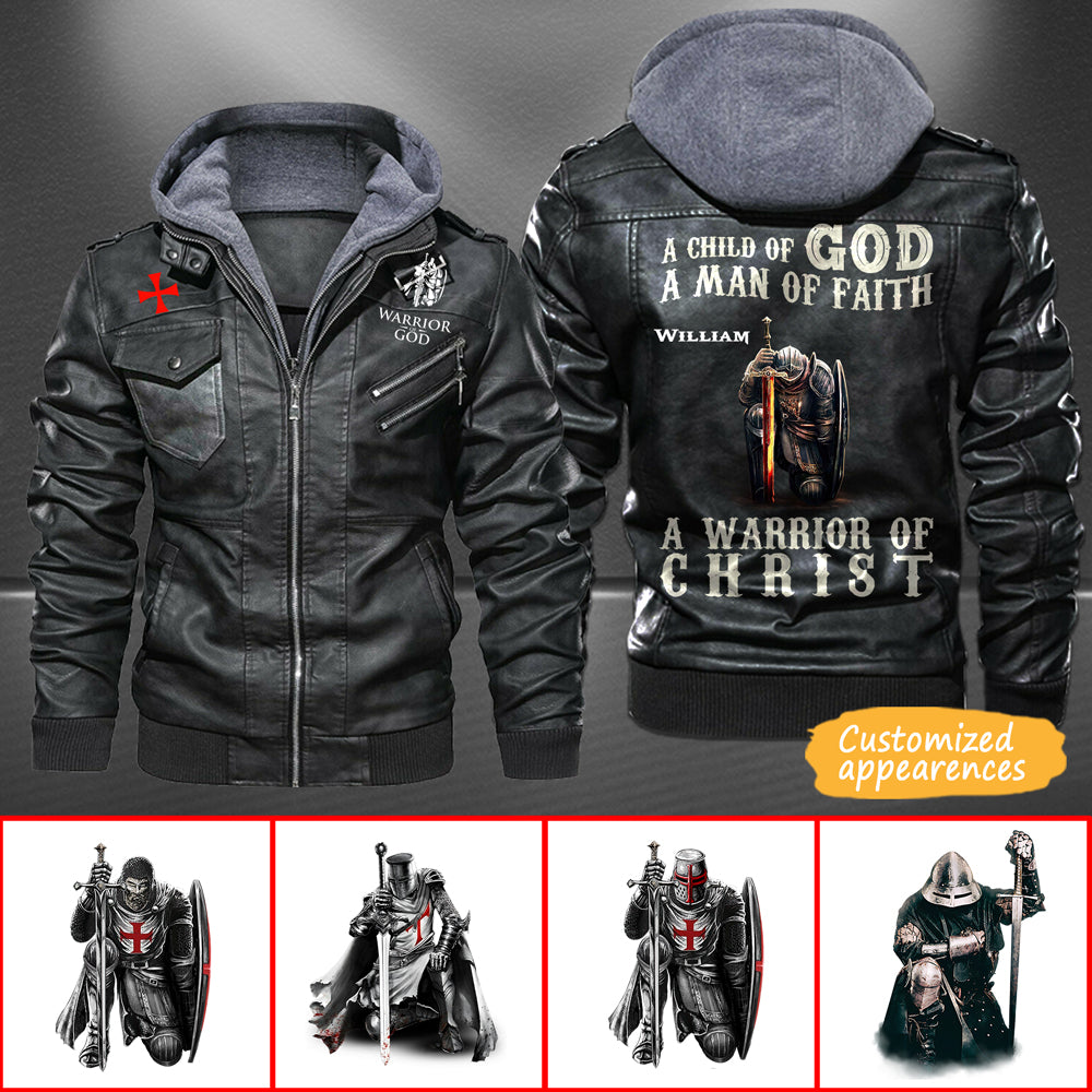 Christianartbag Leather Jacket, A Child Of God, A Man Of Fath, A Warrior Of Christ Personalized Leather Jacket, Warm Jacket, Winter Outer Wear, Gift for Him, CABJKL01061123. - Christian Art Bag