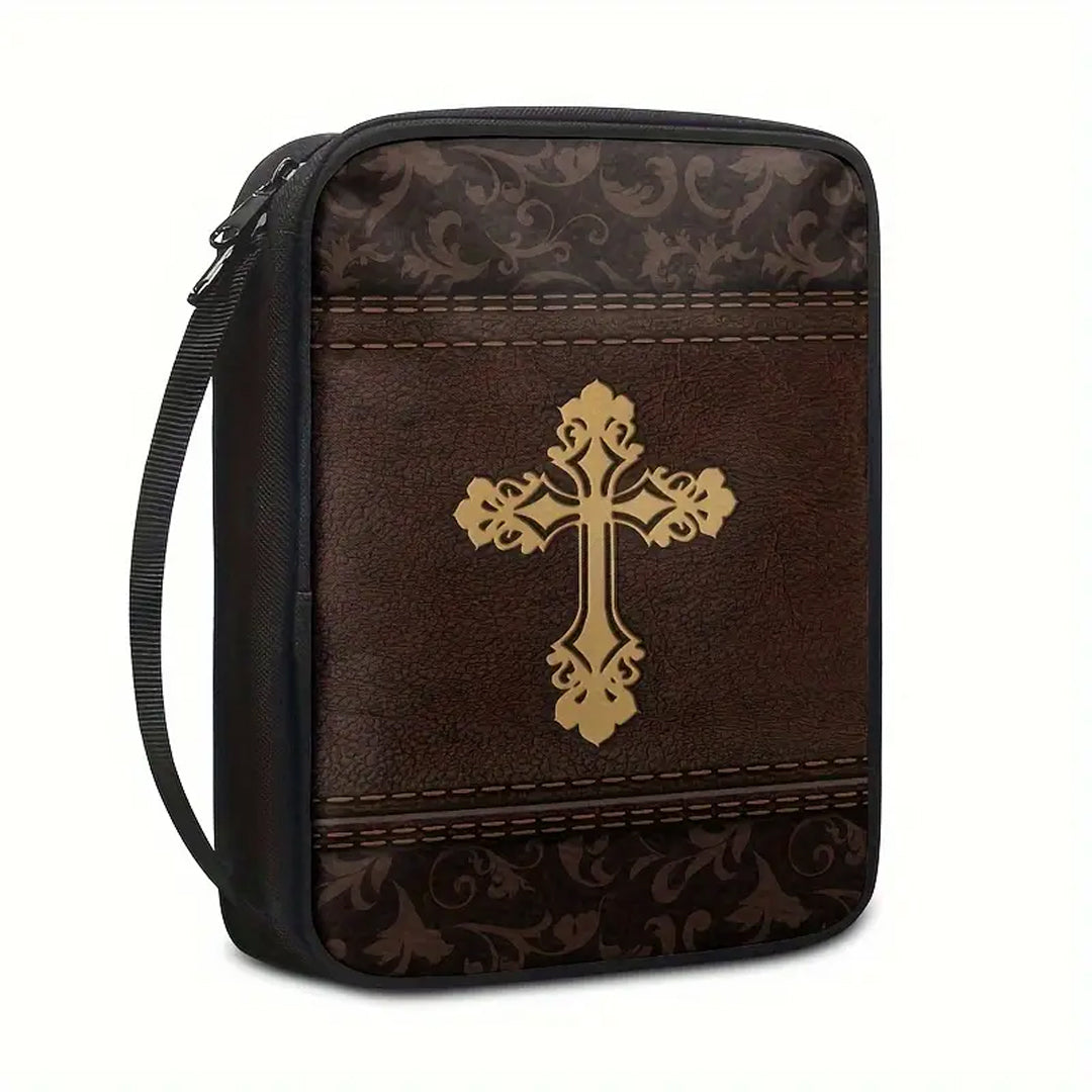 Elegant Fleur-de-Lis Cross Canvas Bible Cover – Customizable Vintage Design | CHRISTIANARTBAG