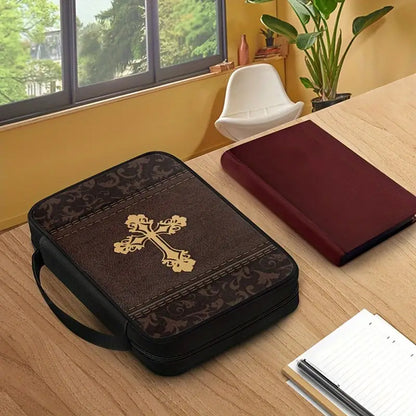 Elegant Fleur-de-Lis Cross Canvas Bible Cover – Customizable Vintage Design | CHRISTIANARTBAG