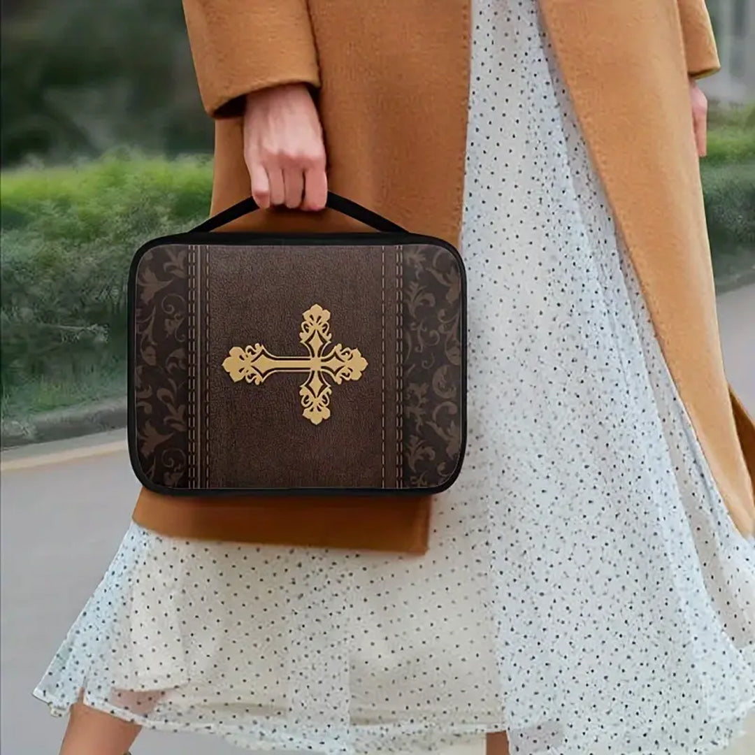 Elegant Fleur-de-Lis Cross Canvas Bible Cover – Customizable Vintage Design | CHRISTIANARTBAG