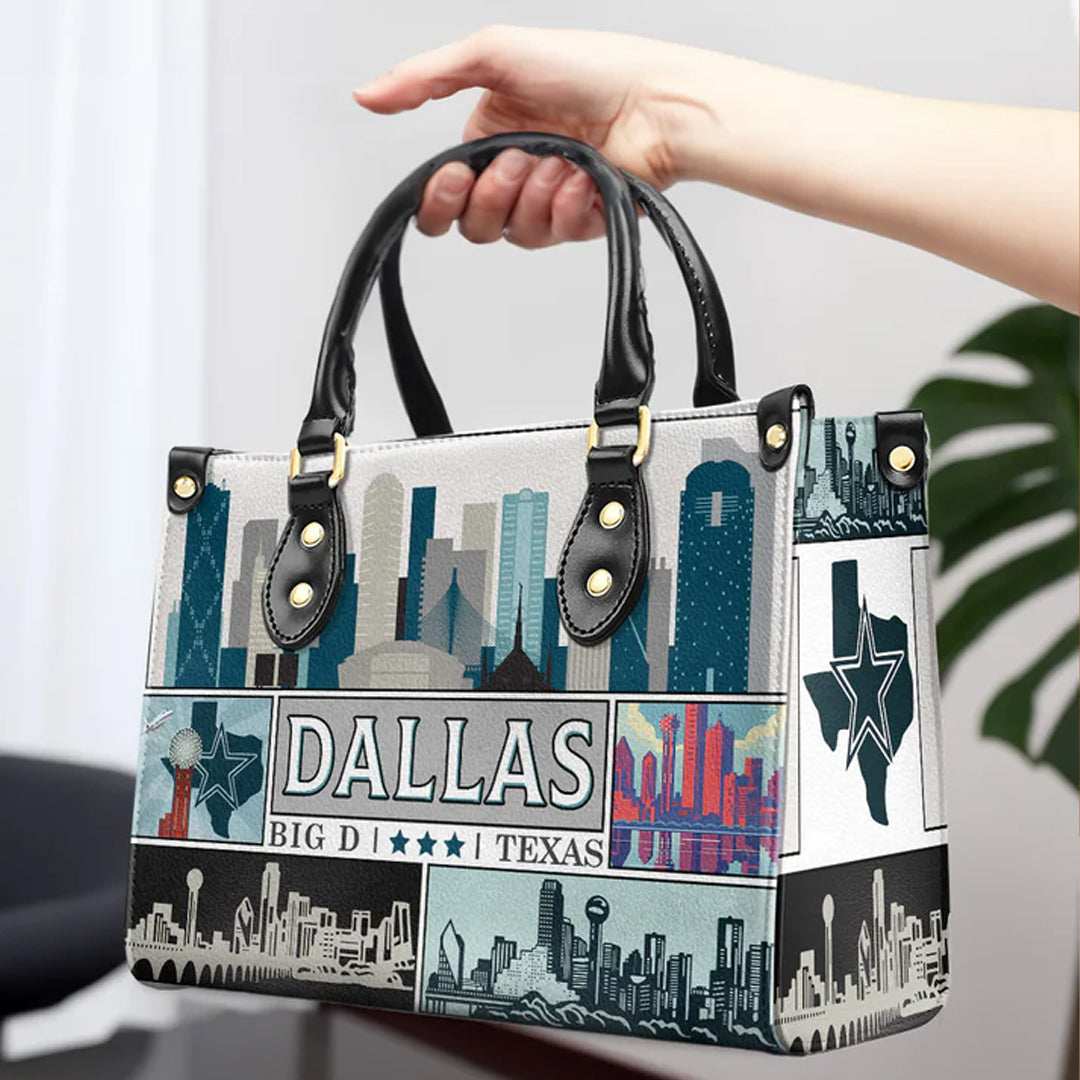 Dallas-Themed Premium Leather Handbag by CHRISTIANARTBAG – Iconic Cityscape Design - CABLTHB01010424.