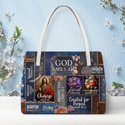 Personalized Christian Handbag – God Says I Am Leather Tote with Custom Name & Color | CHRISTIANARTBAG