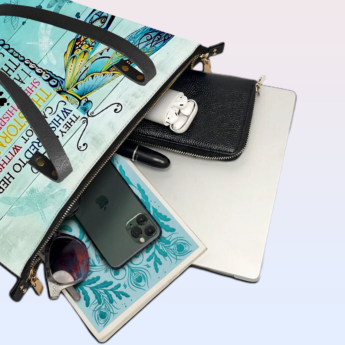 Personalized Leather Tote Bag with Bible Verses – I Am The Storm - Dragonfly | CHRISTIANARTBAG Leather TOTE Bag