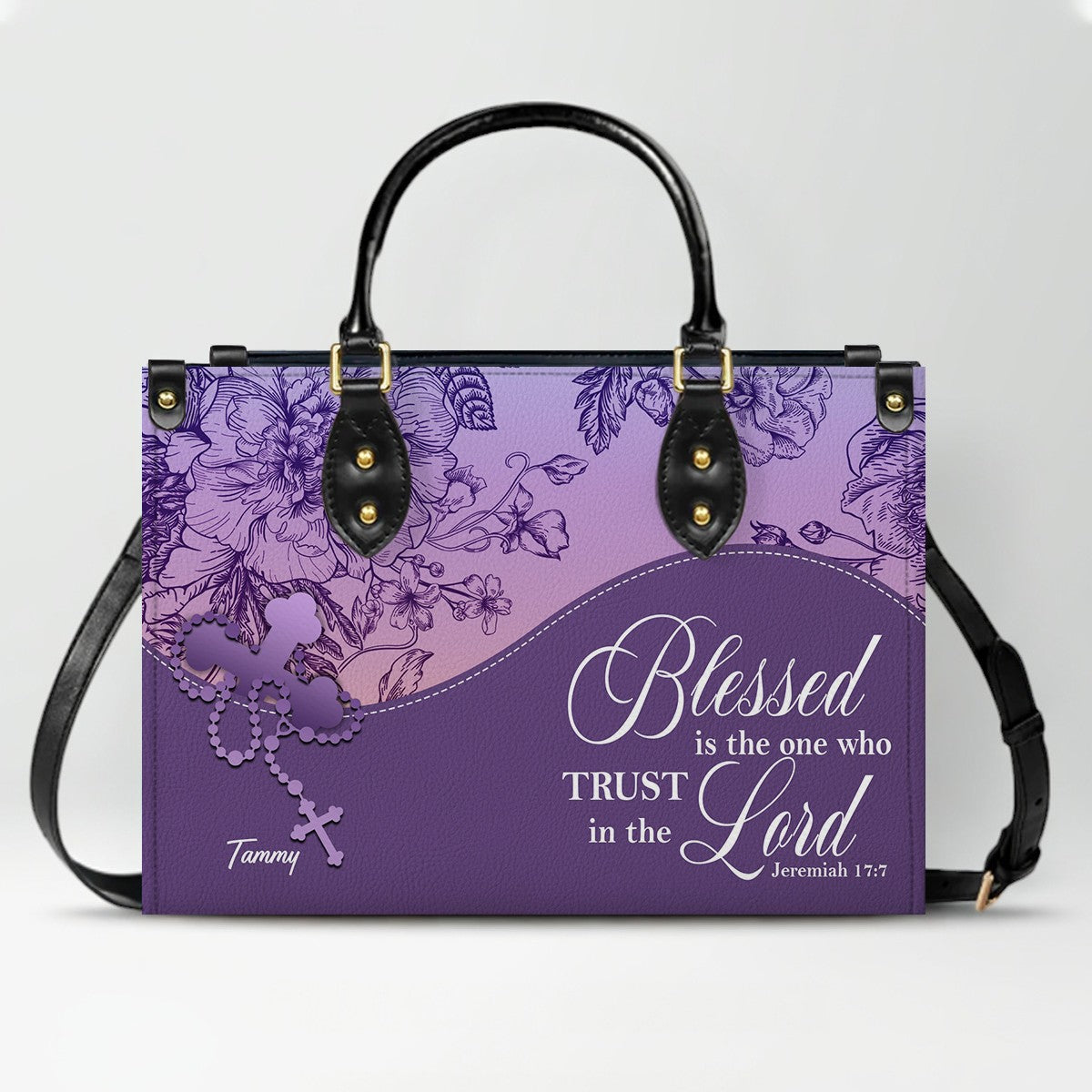 Sapphire Blue Personalized Leather Handbag – Christian Handbag with Bible Verses | Elegant Faith-Inspired Tote