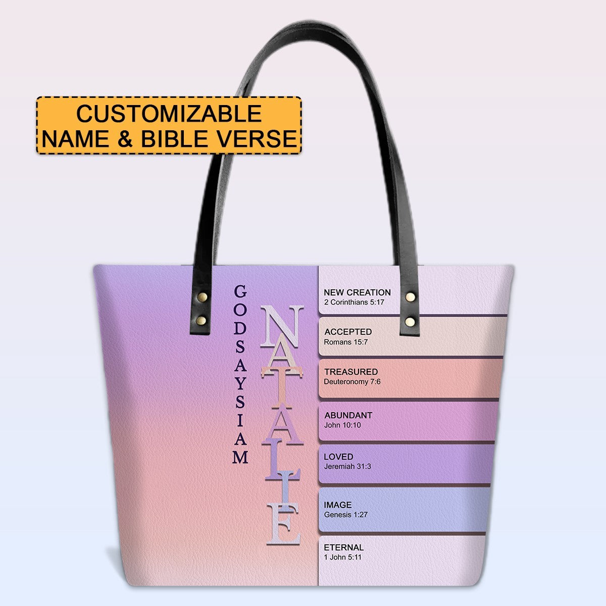 Personalized Leather Tote Bag with Bible Verses – Uncover the sacred meaning of your name – Custom Faith-Inspired Handbag Gradient Color | CHRISTIANARTBAG Leather TOTE Bag