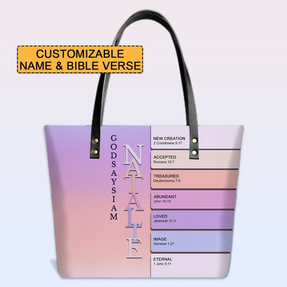 Personalized Leather Tote Bag with Bible Verses – Uncover the sacred meaning of your name – Custom Faith-Inspired Handbag Gradient Color | CHRISTIANARTBAG Leather TOTE Bag